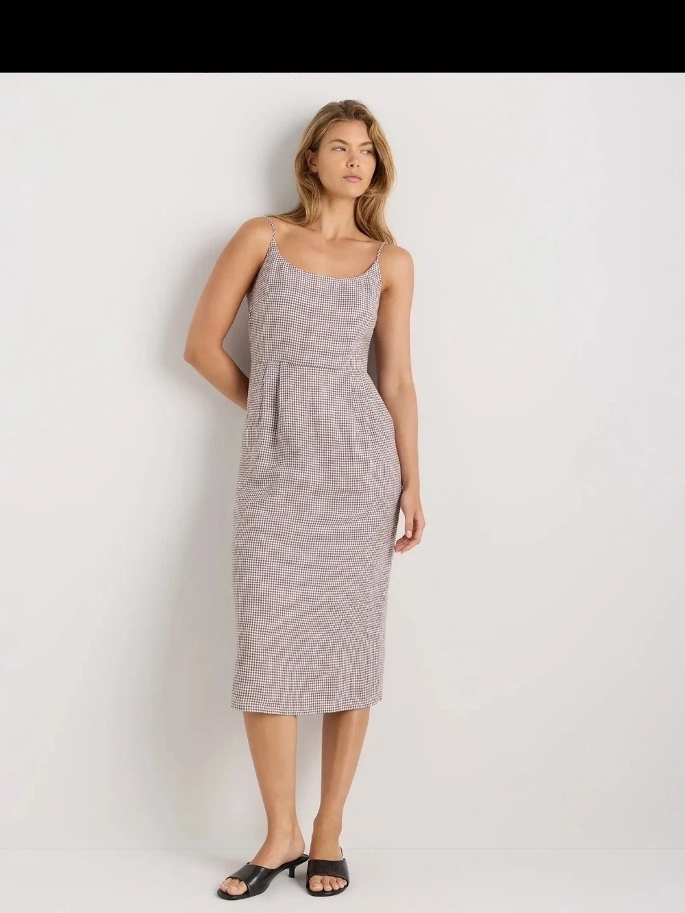 Quince 100% European Linen Scoop Neck Midi Dress Pockets Gingham, Small,  Nwt